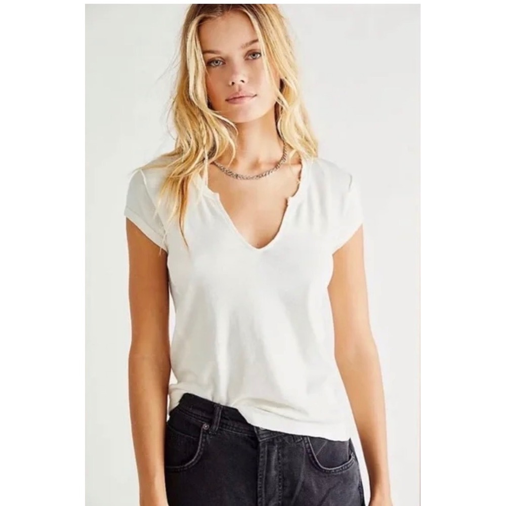 We The Free Notch Neck Tee White Cotton Basic Boho Casual Capsule Large